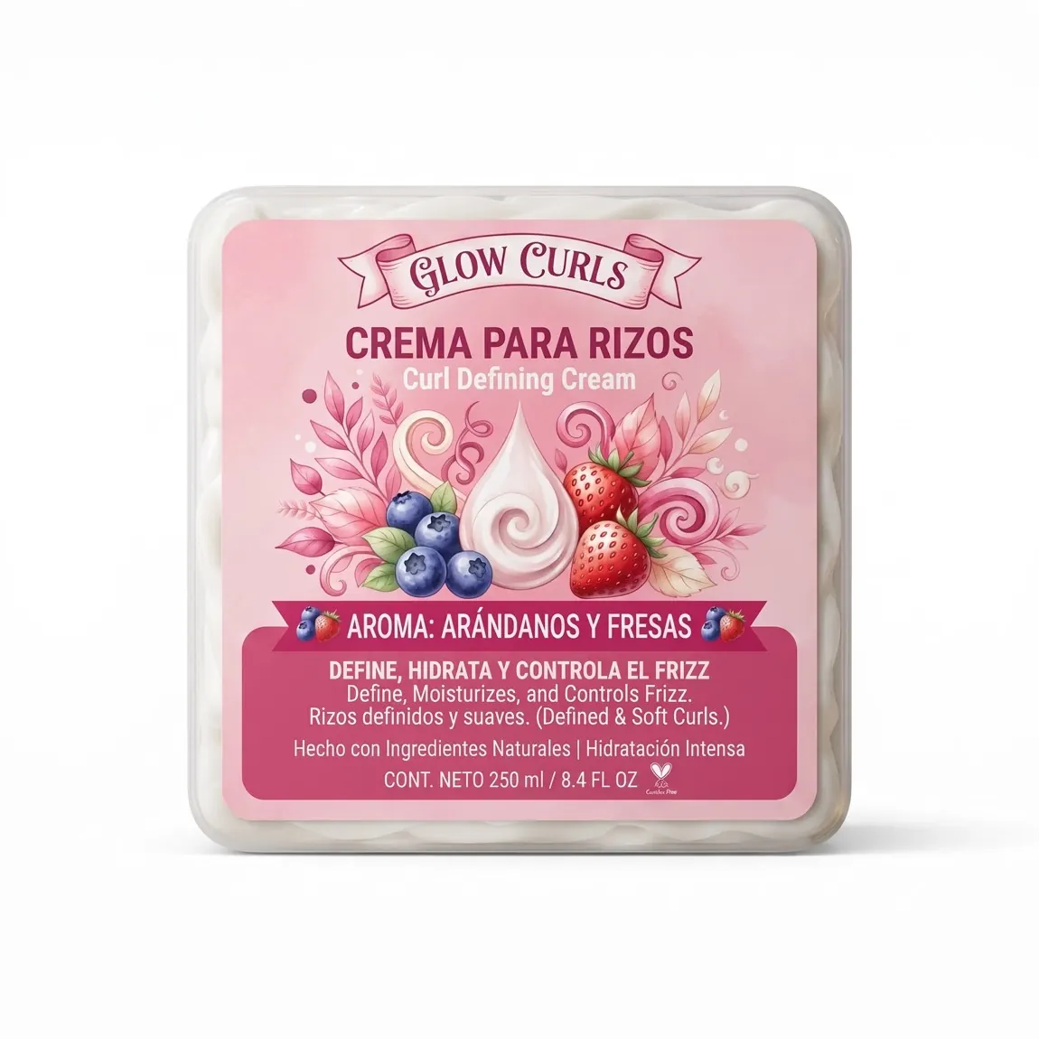 Envase de crema para rizos con su etiqueta a color