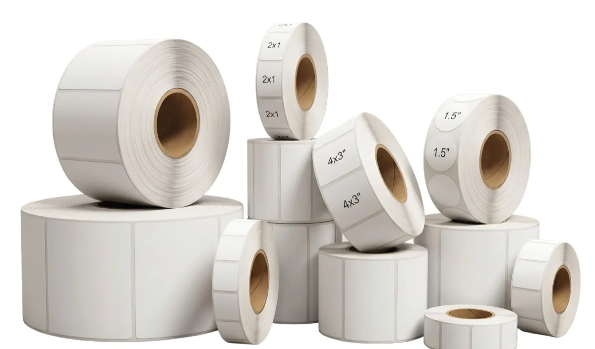 Rollos de etiquetas blancas troqueladas en varios tamaños