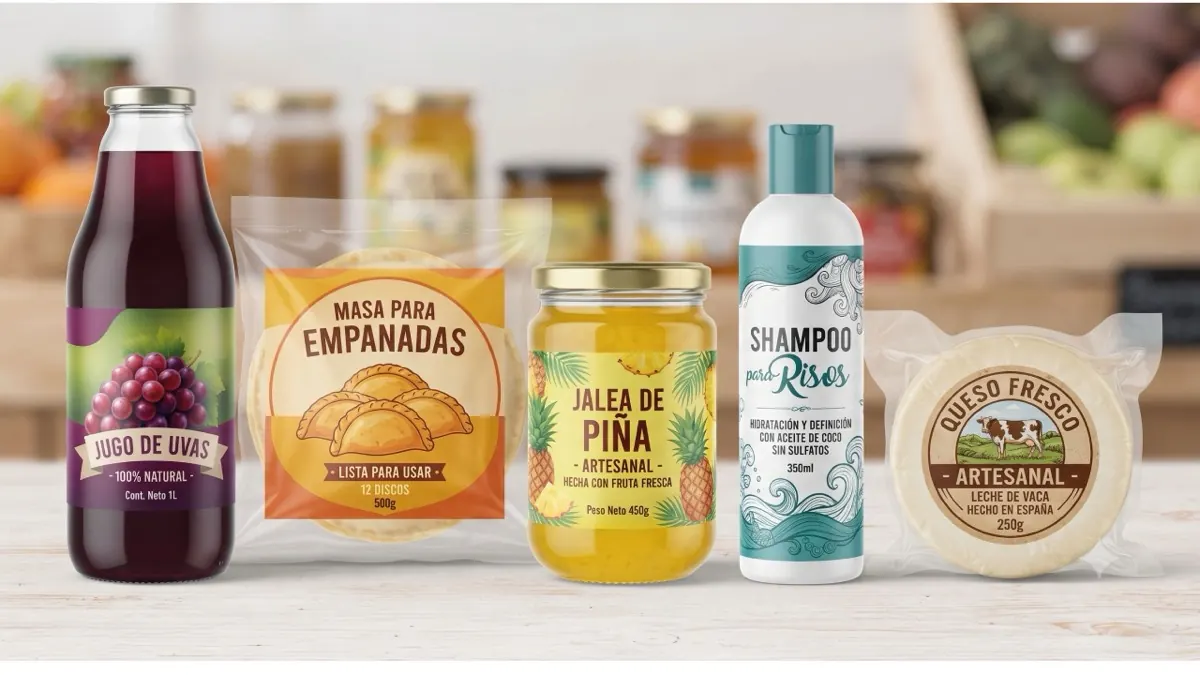 Productos con etiquetas impresas a color: jugo, empanadas, jalea, shampoo y queso